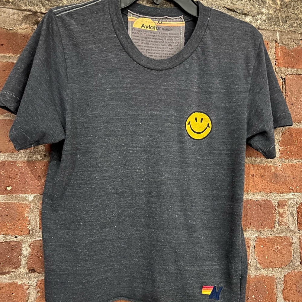 Aviator Nation Charcoal Tee with Yellow Smiley Patch (XS)